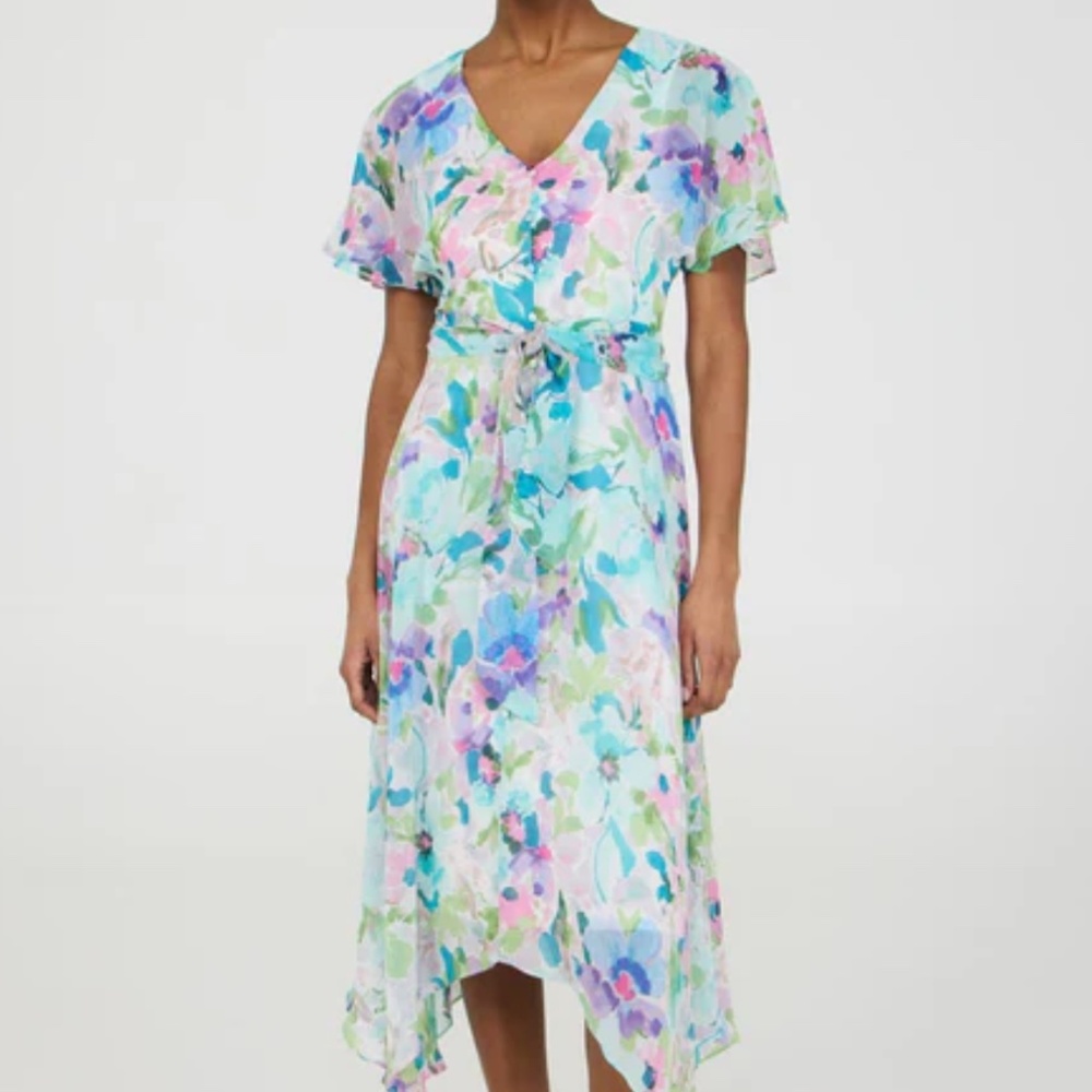 Colourful chiffon high-low dress with flutter sleeves and handkerchief hemline